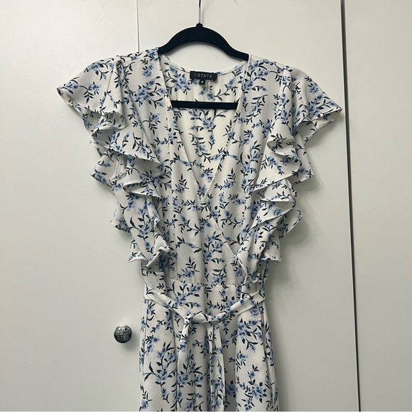 1. SLATE Blue & White Floral Sleeveless Ruffle Midi Modest Dress V-Neck Sz 8 - Picture 5 of 16